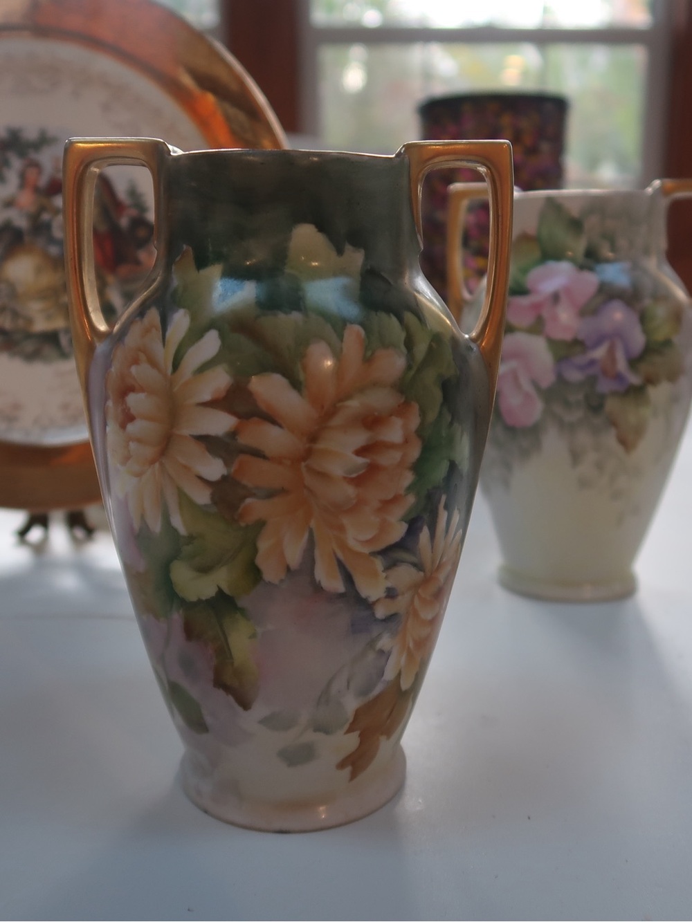 Antique Hand Painted M&Z Austria Porcelain Vases Set of 2 Gold Handles